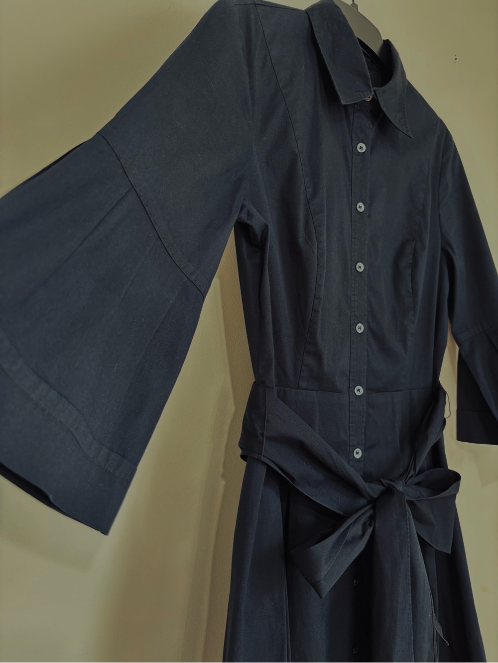 T Tahari Office black cotton button up 3/4 long sleeve belted A-line shirt dress - Picture 3 of 16